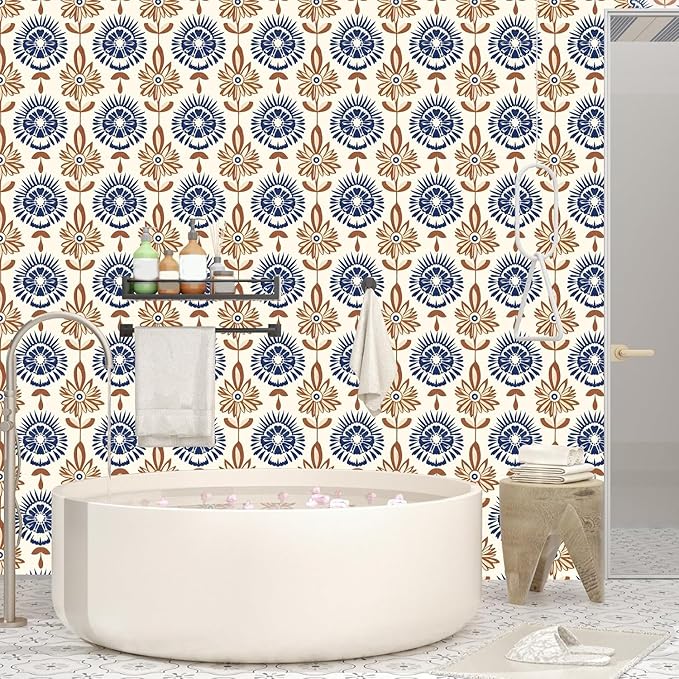 BOKEBEVE Boho Floral Peel and Stick Wallpaper Beige Brown 17.5 x 393.5In | Extra Long Symmetry Contact Paper Modern Wall Paper for Bedroom Accent Walls Laundry Nursery Pantry Renter Friendly Removable