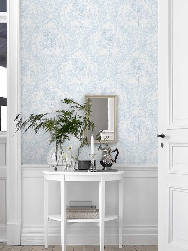 Ismoon Floral Peel and Stick Wallpaper Blue Contact Paper Boho Watercolor Damask Wallpaper Vintage Textured Removable Self Adhesive Vinyl Wall Paper Renter Friendly, 17.3inX49ft