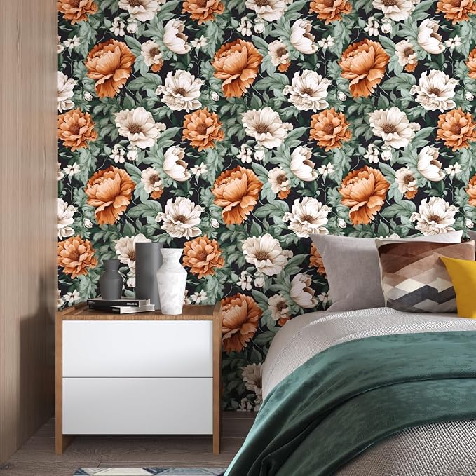 Floral Wallpaper Peel and Stick, Vintage Large Blooming Flowers Contact Paper 17.5" x 118", Retro Wall Paper Self Adhesive Removable Waterproof for Room Walls Shelves Cabinet Table (Orange, Green)
