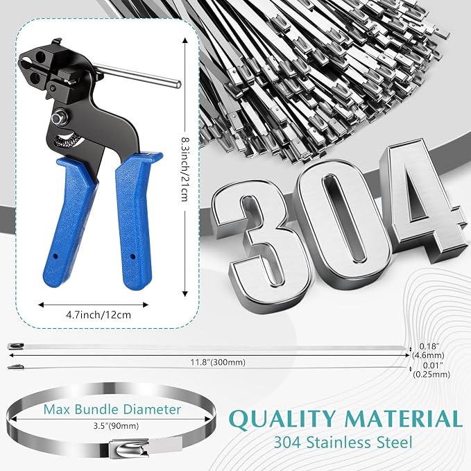 LEIFIDE Stainless Steel Cable Tie Gun Set 200 Pcs 11.8 Inch Heavy Duty Metal Zip Tie Adjustable Fastening Cutting Tool for Outdoor Exhaust Wrapping Fence Workshop(Silver, Blue)