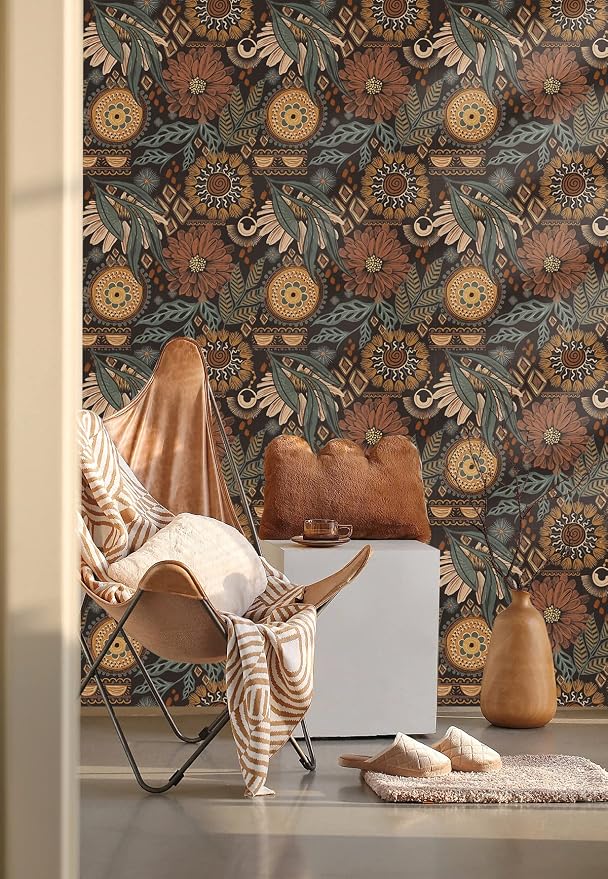 HAOKHOME Boho Peel and Stick Wallpaper Floral Botanical 17.3in x 32.8ft | Renter Friendly Removable Vintage Textured Wall Paper Retro Brown Green Vintage Cottagecore for Bedroom Bathroom Accent Wall