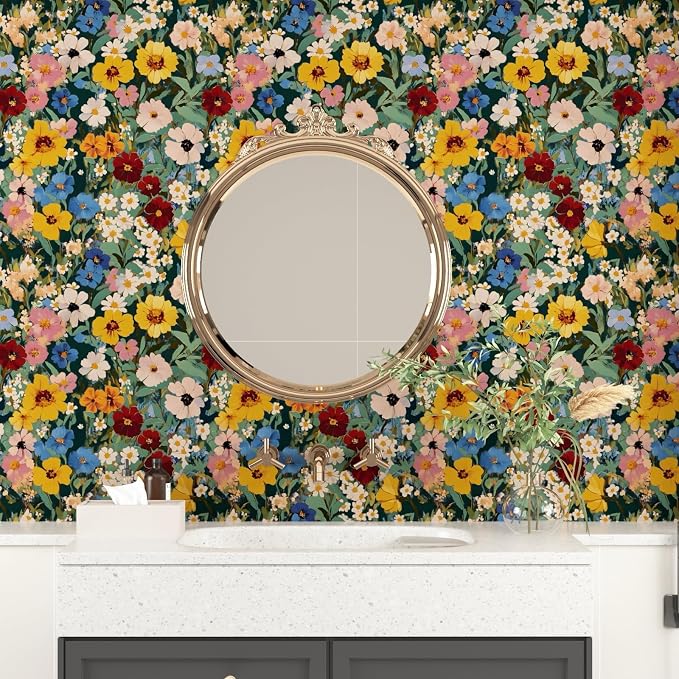 BOKEBEVE Floral Wallpaper Peel and Stick Boho Green Yellow 17.5 x 118In | Removable Self Adhesive Renter Friendly Vintage Watercolor Wall Paper for Bedroom Bathroom Living Room Accent Wall