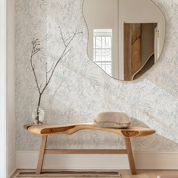 Ismoon Boho Wallpaper Peel and Stick Dusty Green Botanical Wallpaper 17.3in x6.56ft Neutral Leaf Removable Waterproof Green Contact Paper for Bedroom Kitchen Renter Friendly Wall Decor Vinyl