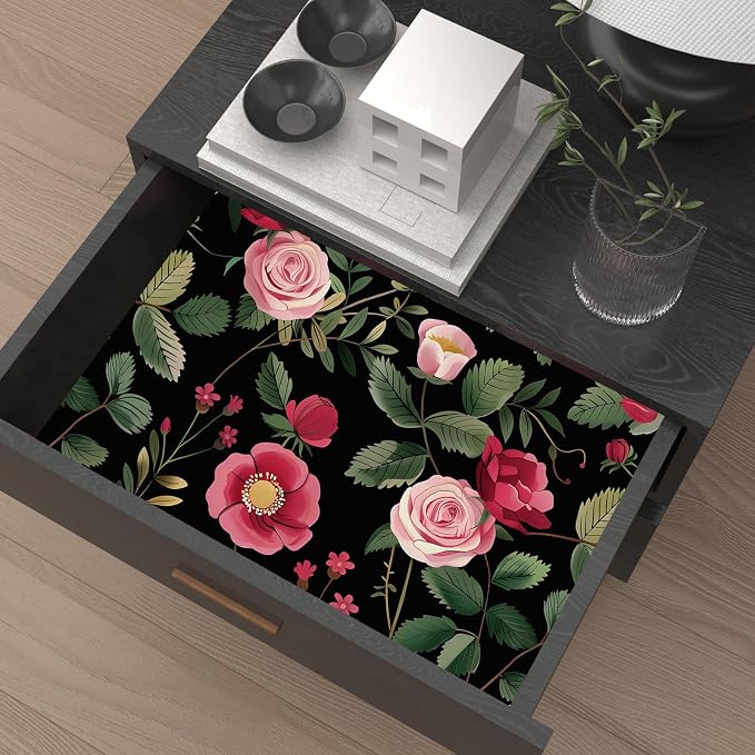 Vintage Pink Floral Peel and Stick Wallpaper 17.5" × 118" | Self Adhesive/Removable/Waterproof/Thick Vinyl Contact Paper for Bathroom Bedroom Shelf Cabinet Drawer,Prepasted,Easy Peel