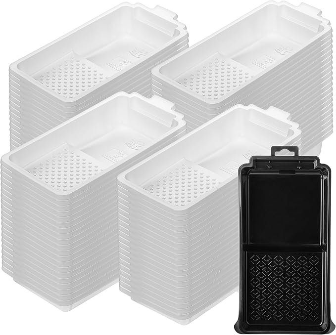 Bates- 4 Inch Paint Tray Set, 81 Pack, 1x 4 Inch Paint Roller Tray, 80x Disposable Plastic Liners, Black and White