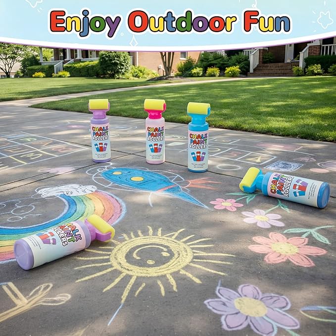 Eaasty 18 Pcs Roller Sidewalk Paint Set Washable Powdered Chalks Mix in Water Paint Rollers 3 Colors Kids Outdoor Art Toy for Driveway Sidewalk Chalkboard