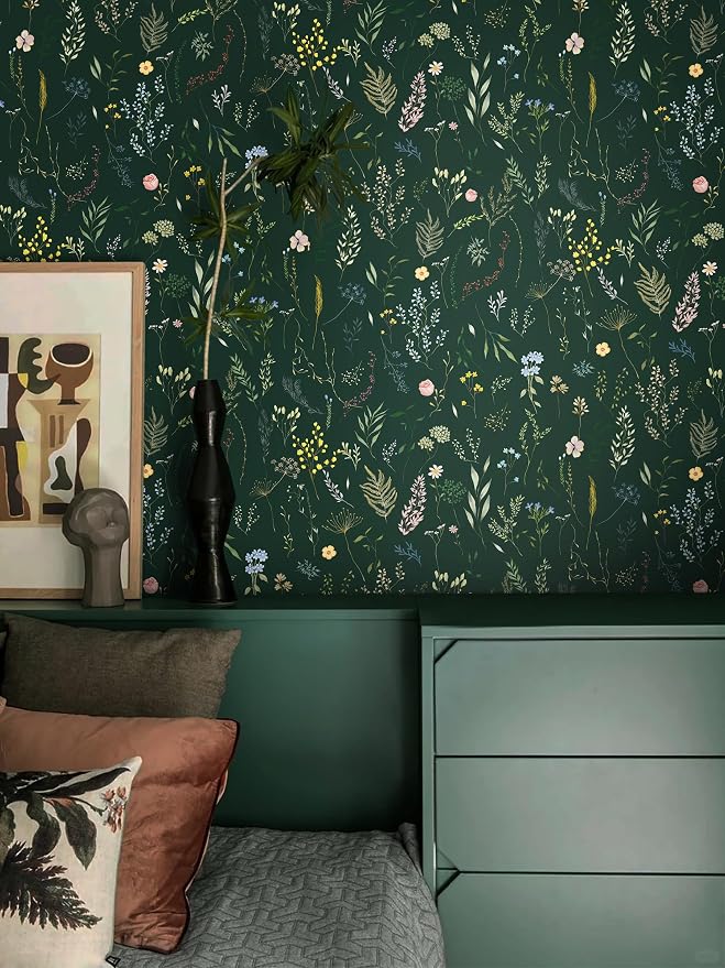 Dimoon 236"x16.1" Floral Peel and Stick Wallpaper Dark Green Smooth Contact Paper Flower Thicken Waterproof Green Leaf Self Adhesive Pomegranate Wallpaper Removable Shelf Liner Decal Vinyl Roll