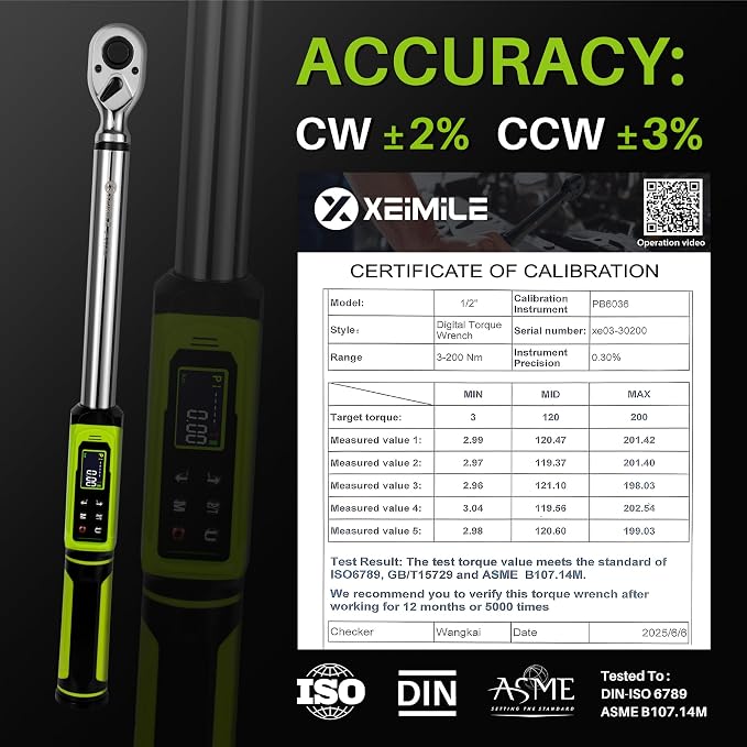 Digital Torque Wrench 1/2" Drive-2.2-147.5Ft.Lb for Car Motorcycle | Electronic Torque Wrench(3-200N.m),Vibration Buzzer LED Indicator,±2% Accuracy 5 Units for Bike Auto Truck Repair DIY