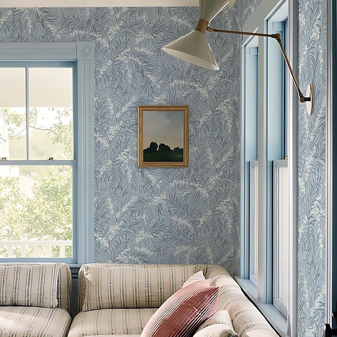 Ismoon Vintage Wallpaper Peel and Stick Dusty Blue Botanical Wallpaper 17.3in x32.8ft Leaf Removable Waterproof Blue/White Contact Paper for Bedroom Kitchen Renter Friendly Wall Decor Vinyl