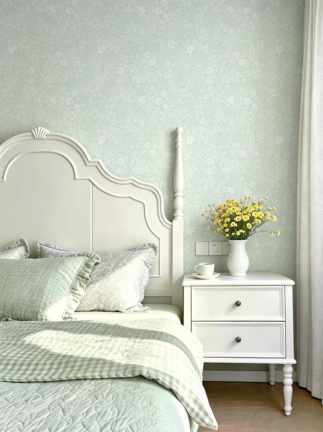 Guvana Sage Green and White Peel and Stick Wallpaper Floral Wallpaper Slef Adhesive Removable Waterproof Contact Paper Boho Wall Paper for Living Room Bathroom Bedroom Kitchen 17.3''x78.7''
