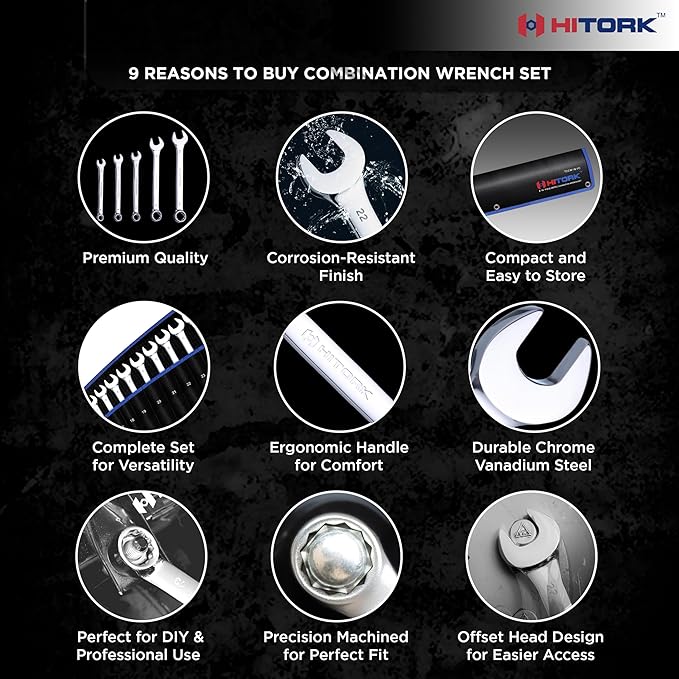 Hitork 24-Piece Combination Wrench Set, SAE (1/4"–1") & Metric (8–24mm), Cr-V Steel, Mirror Chrome Finish, 12-Point Box End, 15° Offset, with Roll Pouch – Ideal for Home, Garage & Auto Repair | Mirror chrome finish, raised box ends and organized roll u...