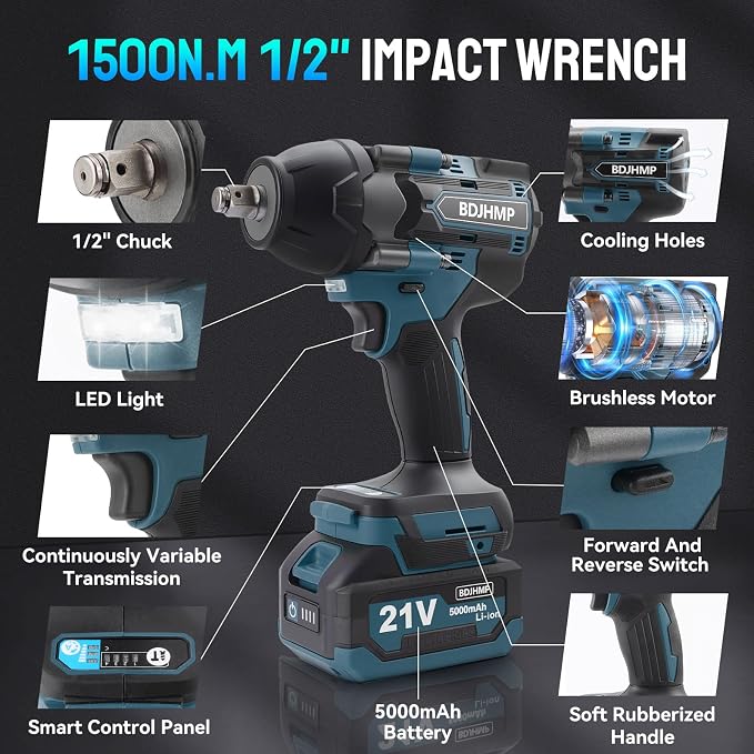 Cordless Impact Wrench 1/2 Inch, Brushless Impact Gun 1500 N.m/1106ft-lbs | Compatible with Makita 18V Batteries, 3000 RPM, 4 Speeds, Built-in LED, Impact Driver for Car Home, Blue With Battery