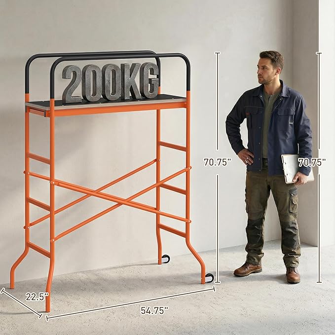 HOMCOM 4-Step Steel 4.6 x 2 x 6 ft. Scaffold 2 Wheels Free Moving for Indoor & Outdoor Decoration Anti-Skid, 440 Pound Capacity, Orange
