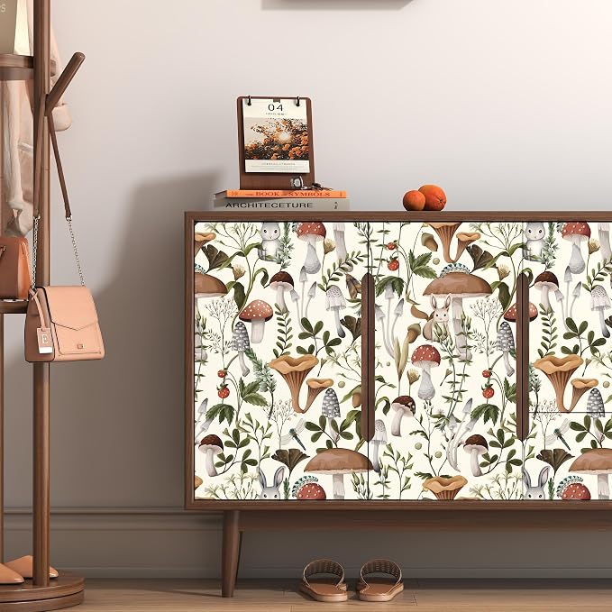 Mushroom Wallpaper Peel and Stick Boho Contact Paper 17.7"×393" | Self Adhesive Wallpaper Removable Beige Forest Vintage Contact Paper for Cabinets Kitchen Leaf Wallpapers Waterproof Vinyl