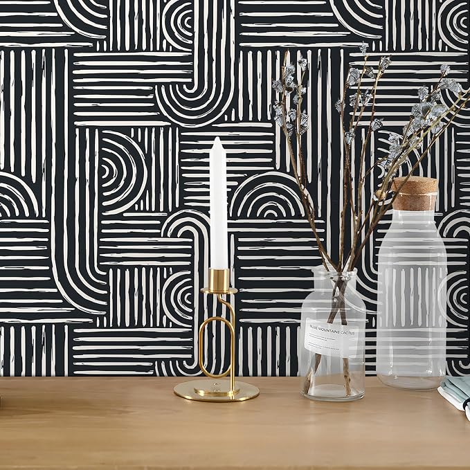 Livelynine Geometric Peel and Stick Wallpaper Black and White Modern Mid Century Geometric Abstract Wall Paper Contemporary Minimalist Lines 17.5x78.8 Geometric Pattern Contact Paper for Cabinets