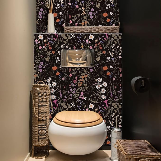 Wallpaper Self-Adhesive Blooming Vintage Colourful Flowers Wall Paper for Bedroom Living Room Cabinet, Peel and Stick Beige Sketch Little Flowers Wallpaper Mural 7.1 sq. feet (17.3''''x59.1'', Black)
