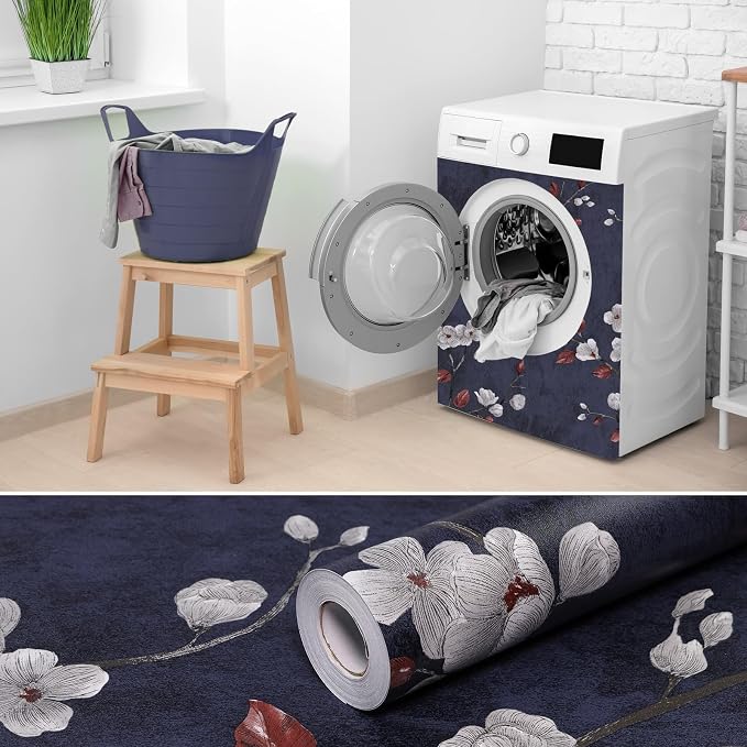 Floral Peel and Stick Wallpaper Flower Tree Contact Paper A Set of 17.5"x1200" Self Adhesive Removable Modern Dark Blue Wall Paper Decorative Wall Covering Countertop Vinyl Film Roll