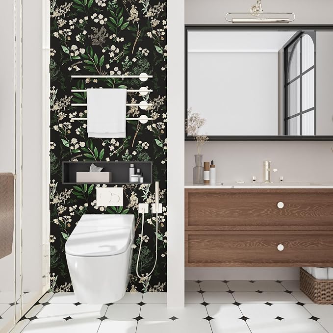Vintage Dark Green Floral Leaf Peel and Stick Wallpaper 17.5"x787" | Self Adhesive/Removable/Waterproof/Thick Vinyl Extra Long Contact Paper for Bathroom Bedroom Shelf Cabinet Drawer,Prepasted