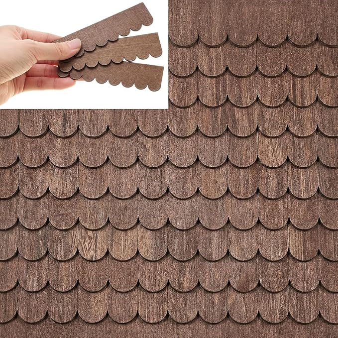 Wenqik 150 Strips Dollhouse Roof Shingles 4.25 x 1.14 Inches Each Mini Fish Scale Wooden Dollhouse Miniature Roofing for 1: 12 Scale Doll House Projects DIY Miniature Landscapes (Brown)