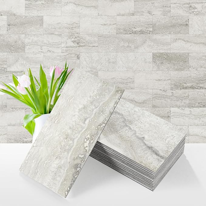 Vamos Tile 4-Piece Matt Beige Mixed Grey Slate Peel and Stick Backsplash Seamless Tile,3''x6'' PVC Subway Tile,Stick on Backsplash for Kitchen/Bathroom/Laundry Room