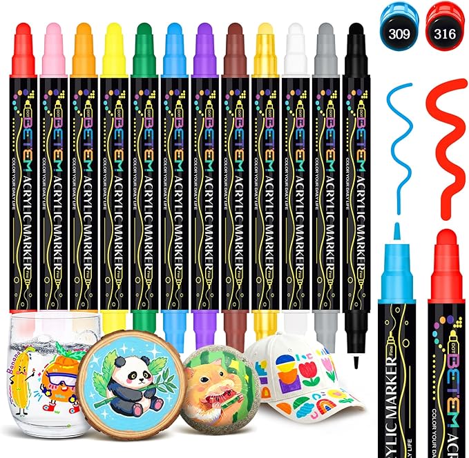 Betem 12 Colors Dual Tip Acrylic Paint Markers, Fabric Decorating Kits Premium Water-Based Acrylic Paint Pens Art Supplies for Fabric, Rock, Wood, Glass, Canvas, Ceramic, Teacher Appreciation Gift