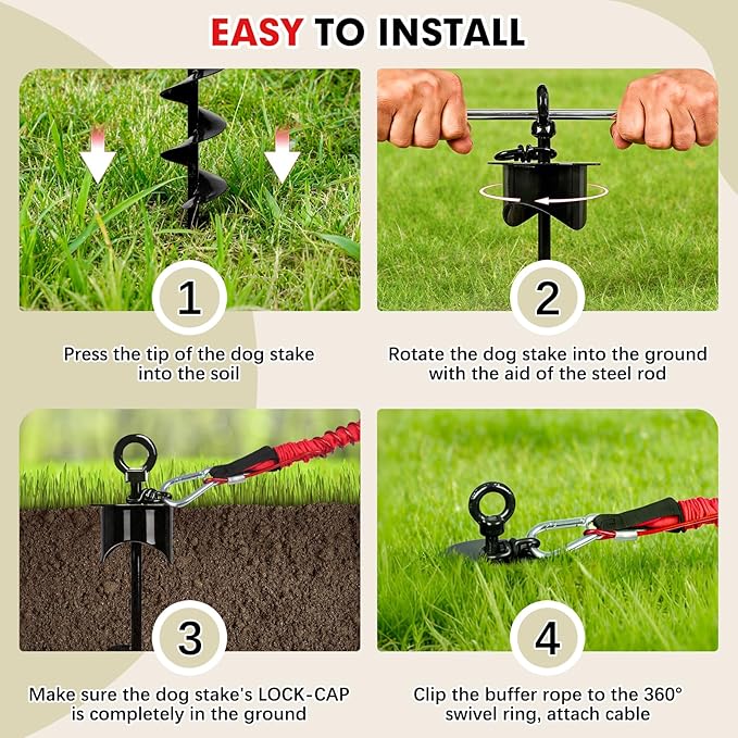Snagle Paw Dog Tie Out Stake with Lock-Cap,Heavy Duty Dog Stakes for Outside/Yard/Camping with Shock Absorbing Bungee Tether,360°Swivel Rust Proof Ground Anchor for Dog Cable,Leash,Chain,up to 360 Lbs