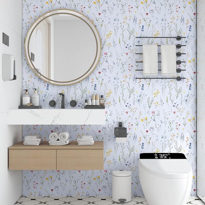 ILHIIOR Colorful Floral Peel and Stick Wallpaper Boho Leaf Contact Paper White Floral Removable Self Adhesive Waterproof Wall Paper for Cabinet Drawers Wall Decor Renter Friendly 17.5''x393''