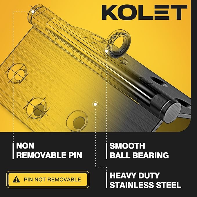 KOLET Ball Bearing Door Hinges, 4 x 4 Inches Black Door Hinges, Heavy Duty Stainless Steel Hinges, Square and 5/8'' Radius Corner, Smooth and Quiet, Non Removable Pin, Matte Black, 12 Pack
