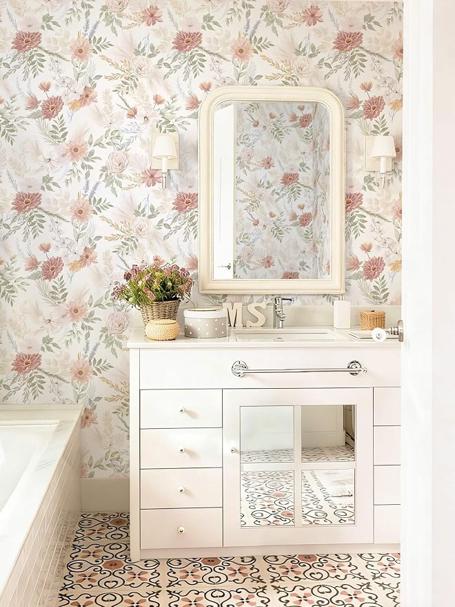 Dimoon Pink Floral Peel and Stick Wallpaper Modern Beige Contact Paper 17.3''x197'' Boho Village Country Cottage Wallpaper Renter Friendly Girls Room Wall Paper for Bathroom Nursery Bedroom Vinyl