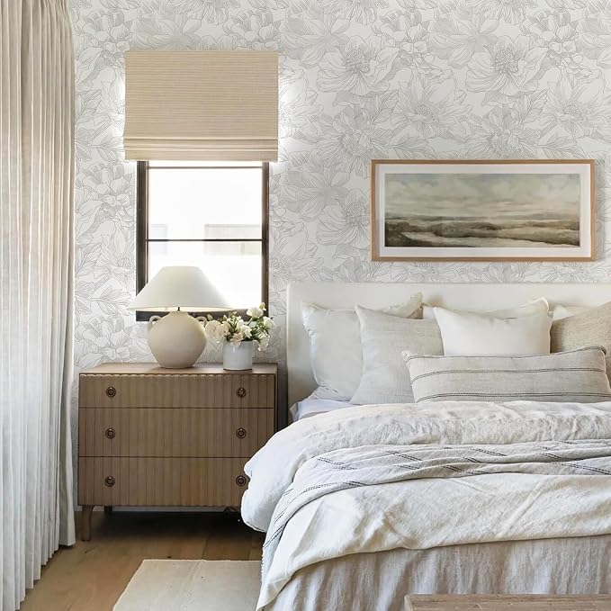 Ismoon Large Floral Peel and Stick Wallpaper Boho White/Grey Contact Paper 17.3inx6.5ft Removable Self Adhesive Bedroom Cabinet Mural Wall Decor Vinyl Roll