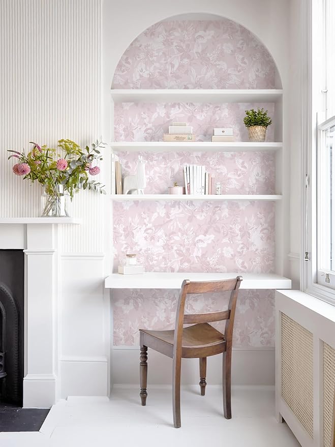 17.3" X 393" Peel and Stick Wallpaper Floral Boho Pink Contact Paper Bird Cute Girl Modern Wall Paper Renter Friendly Waterproof Removable Self Adhesive Bedroom Kitchen Dorm Cabinets Vinyl
