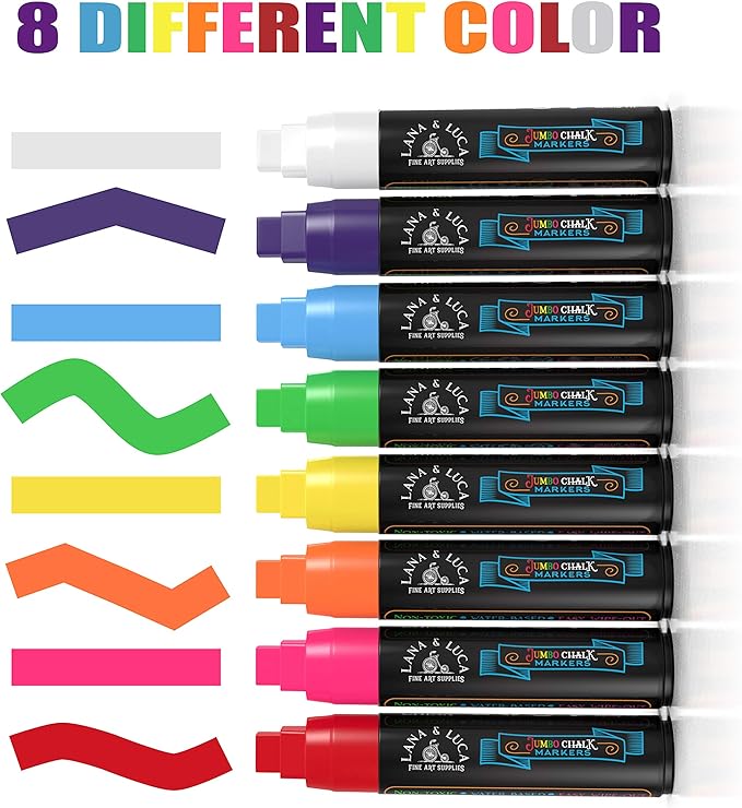 LANA & LUCA Jumbo Liquid Chalk Markers Square Tip - Bold Color Chalk Board Marker for Chalkboards, Windows, Signs, Blackboards - 15mm Tip (8 Pack)