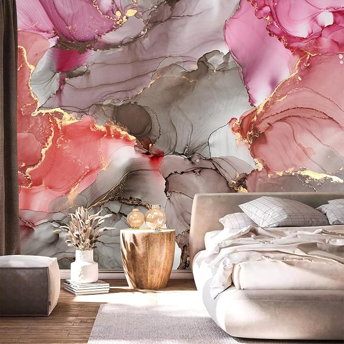 YQWDMX - Pink Marble Peel and Stick Wallpaper with Modern Abstract self-Adhesive Mural for Bedroom ZY14 L