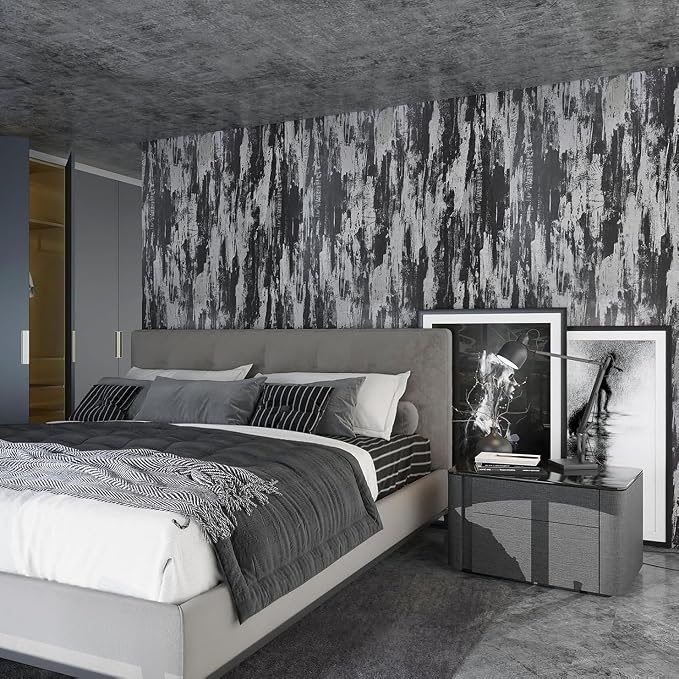 Black Concrete Wallpaper Peel and Stick Glossy Industrial Cement Wallpaper 31.5"x354" Concrete Contact Paper with Air Guide Slot Design Industrial Wall Paper for Living Room, Hallway Coffee Shop