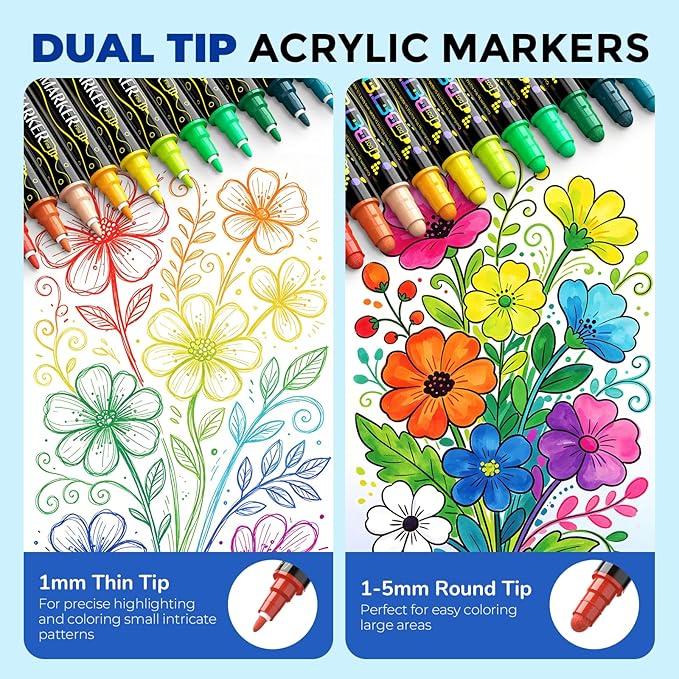 Betem 24 Colors Dual Tip Acrylic Paint Markers, Fabric Decorating Kits Premium Water-Based Acrylic Paint Pens Art Supplies for Fabric, Rock, Wood, Glass, Canvas, Ceramic, Teacher Appreciation Gift