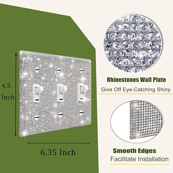 1 PC Shiny Silver Rhinestones Wall Plate Cover Switch Plate Cover Light Switch Cover Switch Cover Decorative 3 Gang Toggle Outlet Covers Bling Switch Cover