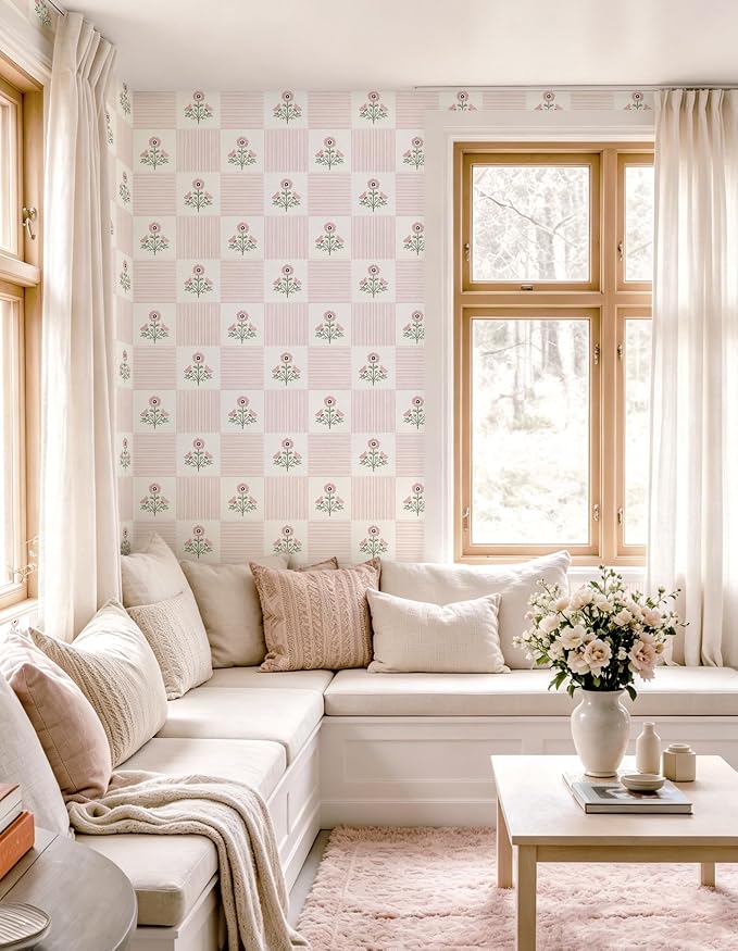 Guvana Pink Floral Peel and Stick Wallpaper Boho Contact Paper Vintage Floral Self-Adhesive Removable Waterproof Wallpaper Renter Friendly 394"×17.3" for Bedroom Livingroom Hallway Cabinets Drawer