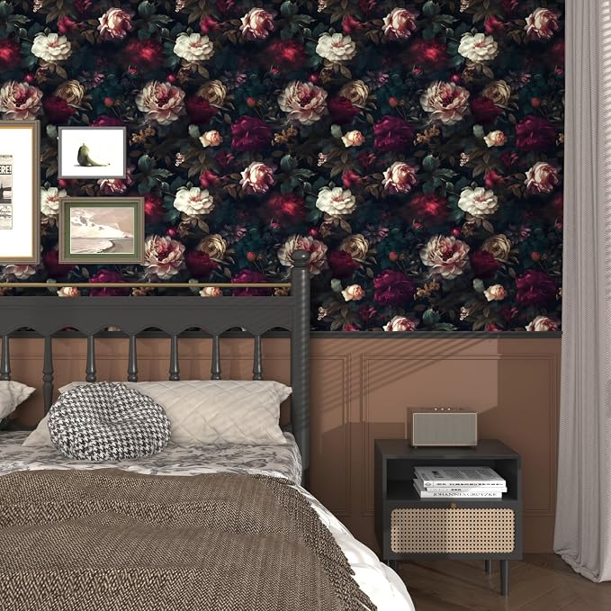 Fvlow Vintage Black Dark Red Floral Peel and Stick Wallpaper 17.4" x 197" | Renter Friendly, Removable & Waterproof, Vinyl Easy Install for Bedrooms, Bathrooms, Kitchens, Cabinets and Home Decor