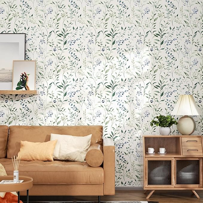 ILHIIOR Blue Leaf Wallpaper Boho Peel and Stick Wallpaper Green Leaf Vintage Contact Paper White Floral Wall Paper Removable Wallpapers Self Adhesive for Cabinet Drawers Wall Decor 17.5''x393''