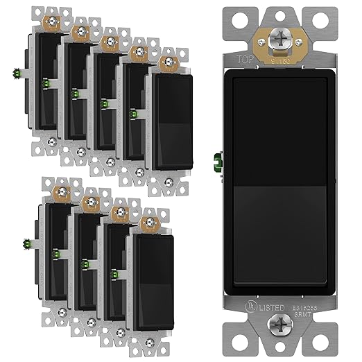 ENERLITES Decorator Paddle Rocker Light Switch, Gloss Finish, Single Pole, 3 Wire, Grounding Screw, Residential Grade,15A 120V/277V, UL Listed, 91150-BK-10PCS, Black (10 Pack)