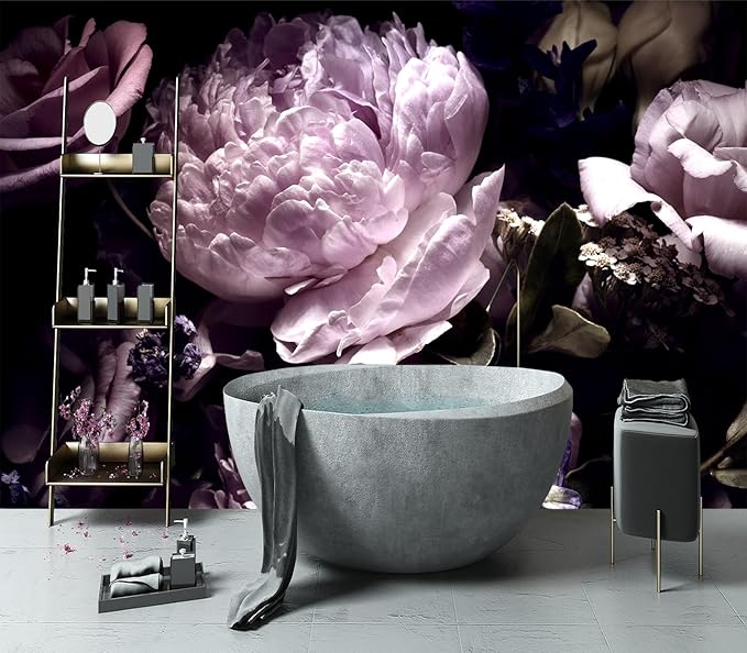 YIHWM-Peel and Stick Purple Flowers Wallpaper Dark Peony Floral Wall Mural | Tear-resistant,with a substantial feel;Will not be damaged during repositioning.Bathroom,Bedroom wallpaper.S-80"x58"