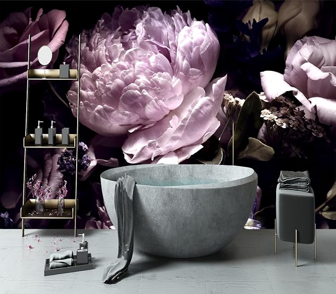 YIHWM-Peel and Stick Purple Flowers Wallpaper Dark Peony Floral Wall Mural | Tear-resistant,with a substantial feel;Will not be damaged during repositioning.Bathroom,Bedroom wallpaper.M-118"x85"
