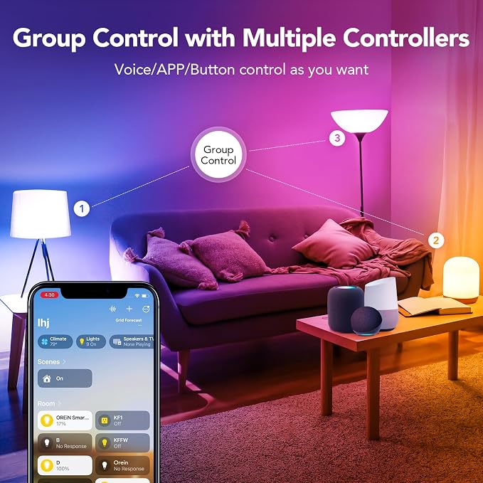 OREiN Matter Smart Light Bulb, A19 RGBTW Color Changing, 6 Pack with Remote | Work with Alexa/Apple Home/Google Home/SmartThings，800lm 60W Equivalent Alexa Light Bulbs, E26 Base 2.4Ghz WiFi LED Bulbs