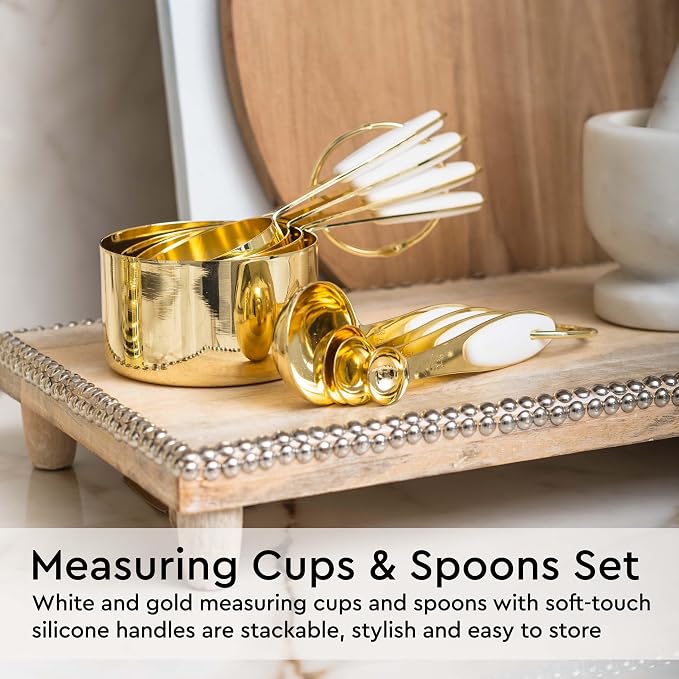Styled Settings White and Gold Kitchen Utensils Set, 23-Piece | Stainless Steel, Gold Kitchen Accessories Include Measuring Cups, Silicone Utensils, Utensil Holder -Gold Kitchen Accessories