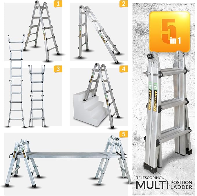 Metaltech E-MTL7000AL Jobsite Series 14-ft.-Reach Aluminum Telescoping Multi-Position Step Ladder for Home Improvement and Construction, Multipurpose Extension Ladder, Step Ladder, Scaffolding Support