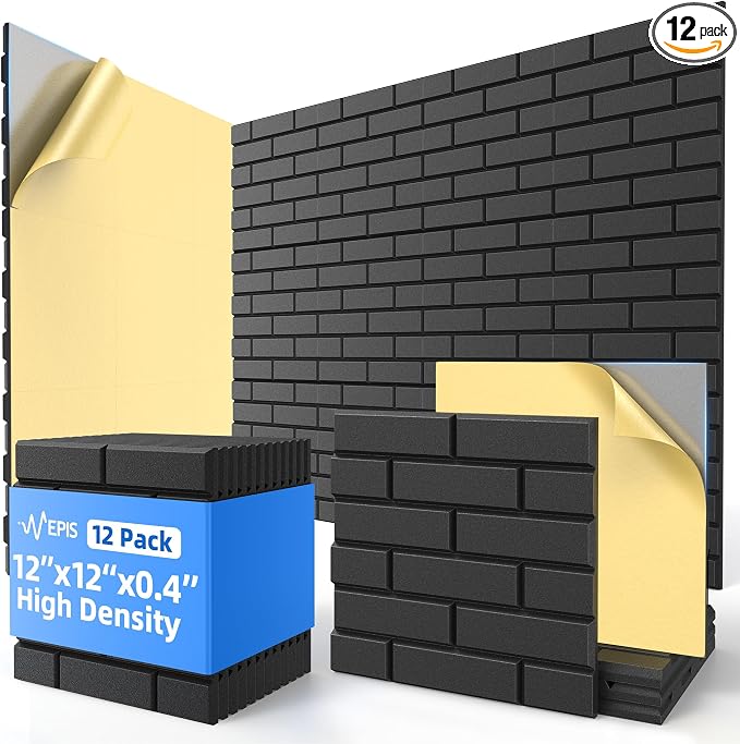 12 Pack Acoustic Panels with Self Adhesive Sound Proof Foam Panels for Wall | 12" X 12" X 0.4" High Density Soundproof Wall Panels, Brick Sound Absorbing Panels for Home Studio Office Decor - Black