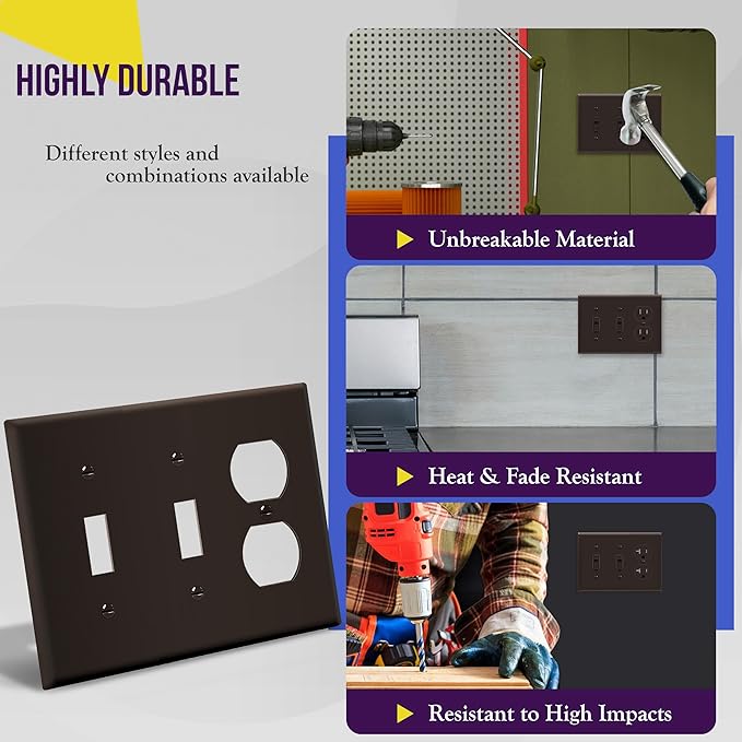 ENERLITES Combination Triple Gang Wall Plate, Double Toggle Switch/Single Duplex Receptacle Cover Plate, Standard Size 3-Gang 4.5" x 6.38", Polycarbonate Thermoplastic, 881221-BR, Brown