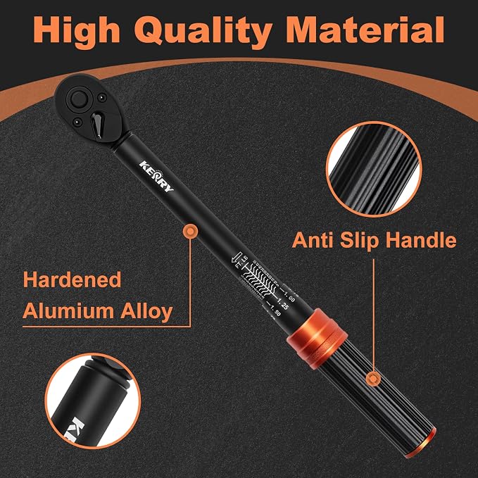 Kerry 3/8 Inch Drive Click Torque Wrench, 5-50 ft-lb/6.8-67.8 Nm | ±3% Accuracy, Dual Scale, 72-Tooth Reversible Ratchet, Quick Release and Locking Adjustment with Case for Motorcycles, Cars