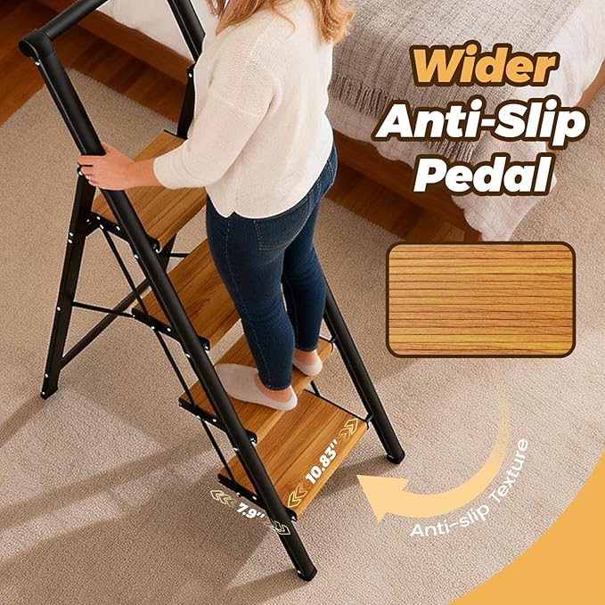 HBTower 4 Step Ladder with Handrail, Aluminum Folding Step Stool,330lbs Capacity Portable Step Ladder，Non-Slip Safety Ladder for Household,Kitchen,Office - BlackWoodgrain