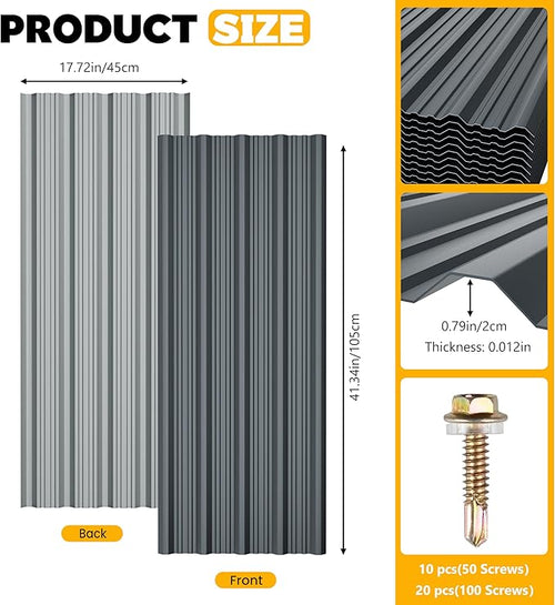 10 pcs Metal Roofing Panels - Corrugated Galvanized Roof Panels L41.34x W17.72 Inch, Waterproof Tin Roof Sheets for Garages,Sheds, Stables and Mobile Homes, Includes Screws(Grey,L41.34''-10)